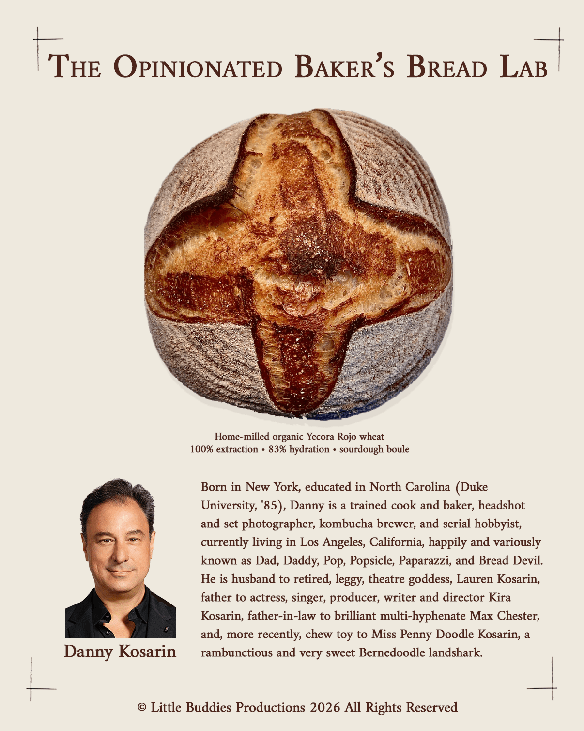 Back cover: a photo of a scored sourdough boule baked from home-milled Yecora Rojo wheat, with an author photo and a short bio of Danny Kosarin.